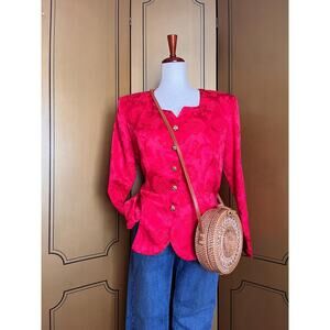 Vintage cotton blend jacket in red brocade with statement buttons, size 12